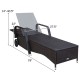 Cushioned outdoor recliner chaise lounge with adjustable backrest, made of weather-resistant PE rattan, ideal for patio.