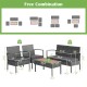 4-piece rattan patio conversation set featuring 2 single sofas, a loveseat, and an acacia wood tabletop for outdoor use.