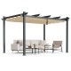 Outdoor aluminum pergola with retractable beige canopy, perfect for BBQs and gatherings in garden or poolside.