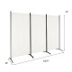 Three-panel folding privacy partition screen in white, made of polyester fabric and steel, ideal for office or home use.