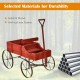Wooden wagon plant bed in red with metal wheels, made of fir wood for durability, perfect for garden and patio use.
