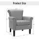 Light gray upholstered accent chair with rubber wood legs, adjustable foot pads, and ergonomic design for comfort.
