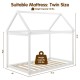Stable kids platform floor bed with roof in white, featuring heavy-duty slats and a weight capacity of 300 lbs.