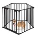 Adjustable 5-panel black metal pet fence with walk-through door, ideal as a playpen or safety barrier for indoor use.