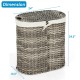 Handwoven gray laundry hamper basket with two removable liner bags, featuring a lift-up lid and cut-out handles for.