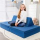 Convertible kids couch set in blue with two folding mats and triangular pillows, ideal for playrooms and bedrooms.