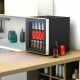 Mini beverage refrigerator with glass door, holding 60 cans, ideal for small kitchens or offices, featuring LED light.
