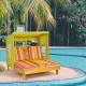 Kids patio lounge chair with awning, multicolor cushions, and cup holders, perfect for outdoor relaxation and play.
