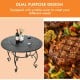 Round patio fire pit dining table with cooking BBQ grate, sturdy steel frame, ideal for outdoor gatherings and warmth.