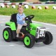 Green 12V ride-on tractor for kids with detachable trailer, remote control, and safety features for outdoor fun.