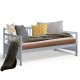 Gray twin size daybed with wooden slats, cushions, and blanket, ideal for versatile use in bedrooms or apartments.