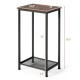 2-Tier industrial end table with a rustic top and metal mesh shelf, perfect for living room or office use.