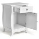 White wooden accent end table featuring a spacious tabletop, pull-out drawer, and single-door cabinet for stylish.