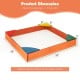 Kids outdoor wooden sandbox with built-in corner seating, made of cedar and pine, dimensions 35" x 35" x 5".