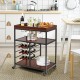Three-tier serving cart with wine rack and glass holders, featuring a stylish wooden top for organized kitchen storage.