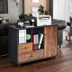 Mobile filing cabinet with 2 drawers and open shelves, featuring a retro brown wood grain design, ideal for home or.