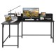 L-shaped black computer desk with bookshelf, featuring a large workspace and sturdy powder-coated steel frame for home.