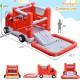 Fire truck-themed inflatable bounce house with slide and pool, made of durable Oxford material for backyard fun.