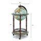 Globe wine bar stand with 17-inch globe, beech wood legs, and bottom liquor shelf for stylish storage and display.