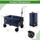 Folding utility garden cart in blue with wide wheels, adjustable handle, and dimensions for easy storage and transport.