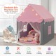 Kids playhouse tent in pink with star lights, breathable fabric, and a comfortable mat for indoor and outdoor fun.