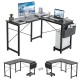 L-shaped dark gray reversible computer desk with storage pocket and CPU stand, ideal for work and gaming setups.
