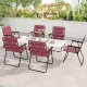 Six red folding beach chairs with a solid steel frame, arranged around a table for outdoor gatherings.