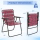 Folding beach chair with red webbing, featuring dimensions and a sturdy frame, ideal for camping and outdoor use.