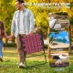Folding beach chair in red webbing with a portable design, perfect for camping, backyard, or beach outings.
