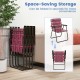 Folding beach chair in red webbing with a steel frame, designed for easy transport and space-saving storage.