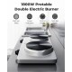 Double electric burner with stainless steel surface, featuring 1800W power, adjustable temperature, and non-slip feet.