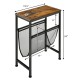Narrow end table with a mesh magazine holder sling, rustic wood top, and sturdy steel base for small spaces.