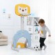 Adjustable kids basketball hoop set in yellow, featuring soccer and golf games, suitable for ages 2 to 7 for indoor.