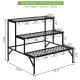 Three-tier metal decorative plant stand with elegant patterns, weather-resistant, ideal for indoor and outdoor use.