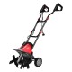 14-inch electric tiller with 10-amp motor and four blades, designed for small to medium gardens, easy to transport.