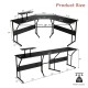 L-shaped black computer desk with monitor stand, 88.5 inches, adjustable foot pads, ideal for office or study use.