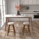 Backless swivel barstools with beige linen fabric seats and rubber wood legs, perfect for counter height seating.