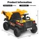 Kids ride-on dump truck in yellow with electric bucket, remote control, and safety features for outdoor fun.