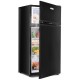 Compact black refrigerator with two doors, adjustable shelves, and integrated door storage, ideal for small spaces.