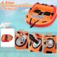 Inflatable towable tube for 2 riders in orange, featuring high backrest and padded handles for safe boating fun.