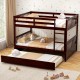 Full over full bunk bed in brown wood with trundle, featuring sturdy pine frame and guardrails for kids' safety.