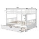 Full over full bunk bed in white with sturdy pine wood frame, featuring a trundle and high guardrails for safety.