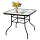 Black steel square table with tempered glass top, perfect for outdoor dining and compatible with umbrellas.