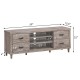 Retro wooden TV stand with 3 open shelves and 4 drawers, accommodating TVs up to 65", featuring cable management and.