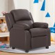 Brown PU leather kids sofa armchair recliner with storage armrest, designed for comfort and safety for children.