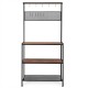 4-tier kitchen rack stand with wooden boards, mesh panel, and 11 hooks for versatile storage and organization.