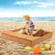 Kids wooden sandbox with bench seats, featuring a spacious area for 2-4 children to play and detachable storage boxes.