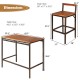 Dimensions of the 3-piece patio rattan wicker bar dining set, featuring a table and two chairs with acacia wood tops.