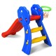 Colorful 2-step kids plastic folding slide with basketball hoop, designed for indoor play and enhanced safety features.