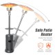 Outdoor propane patio heater with table and wheels, 87" tall, features tip-over protection for safe outdoor use.